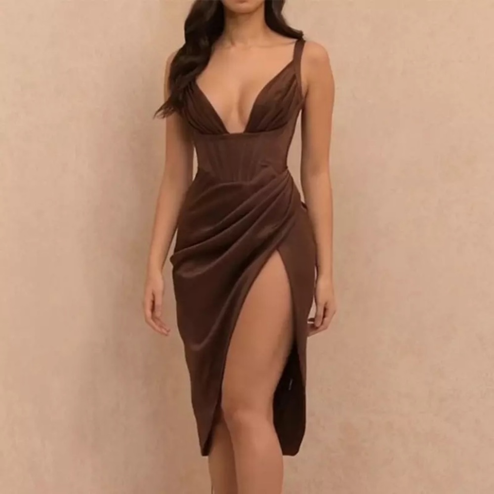 Brown Satin V-Neck Dress